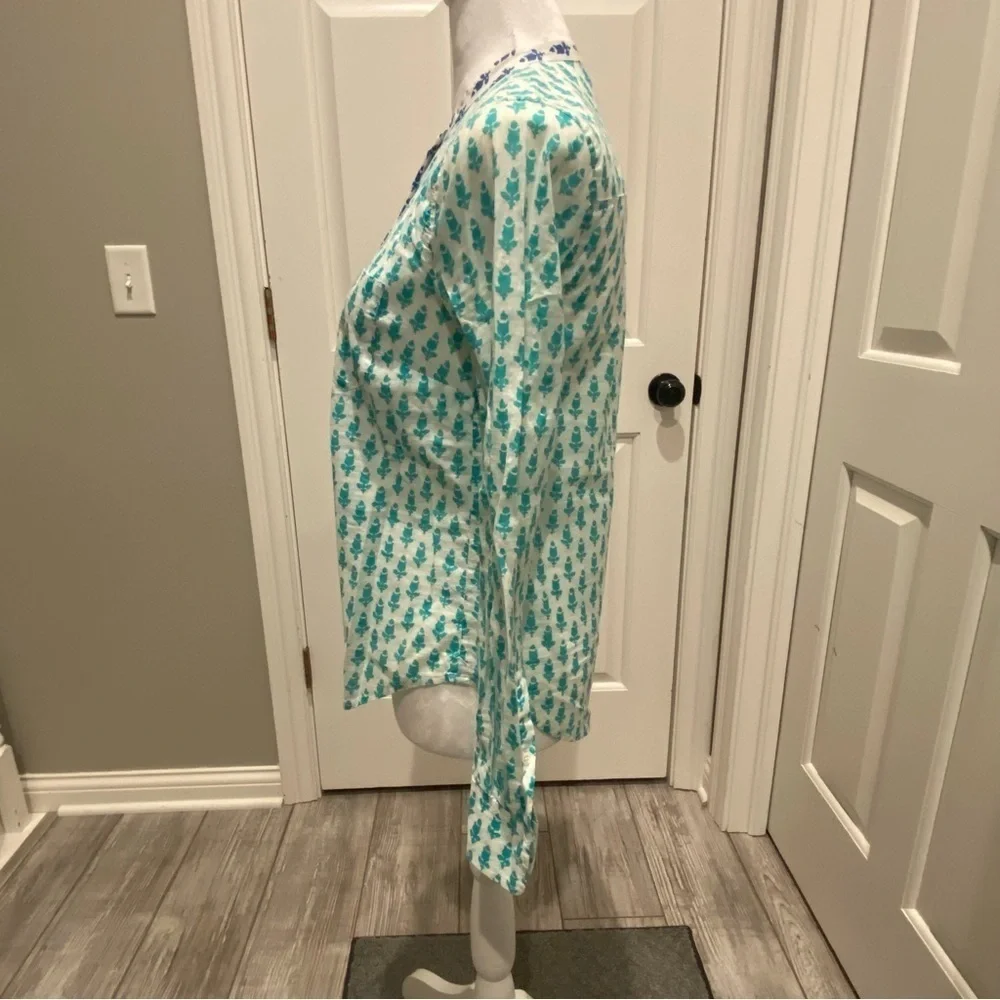 J. Crew White & Turquoise Thistle Print Popover Blouse 16279
